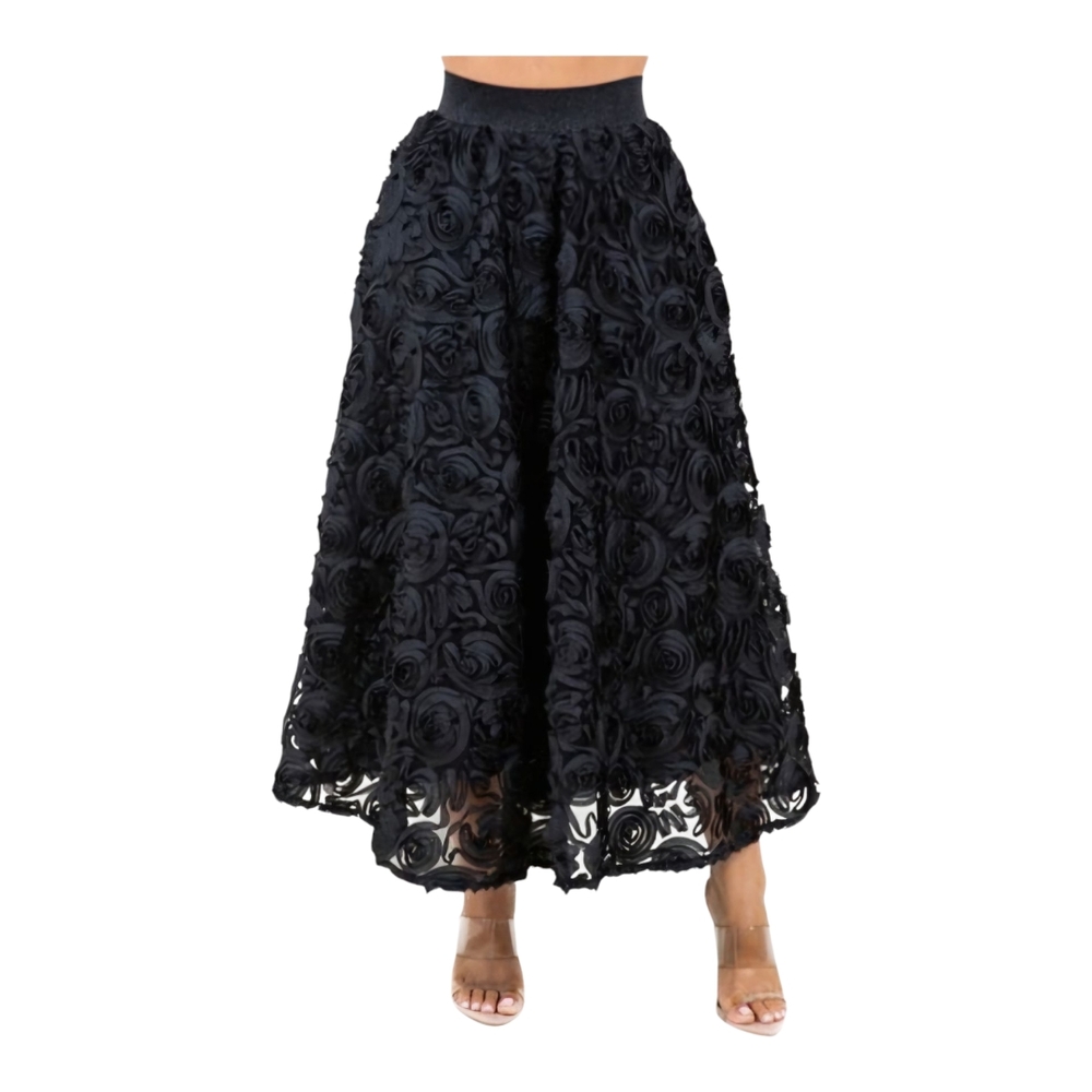 Elegant Black Rosette Luxury Floral Full Long Skirt Nwt O/s